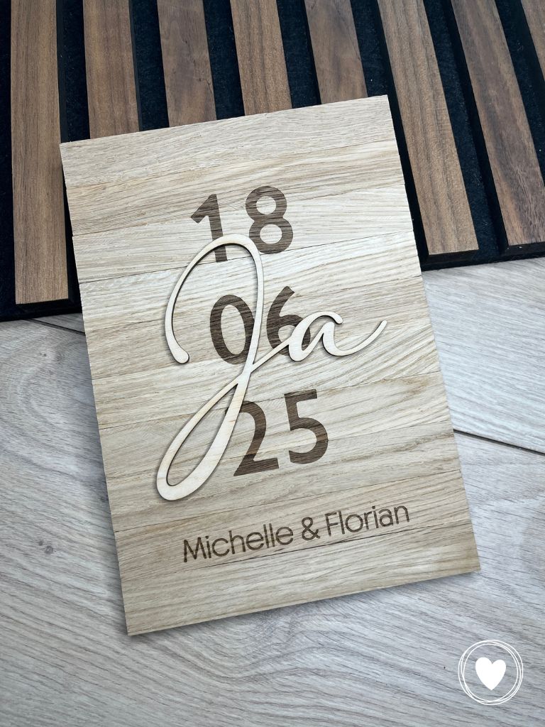 Hochzeitsgeschenk personalisiert aus Holz – 3D Schild „Ja“