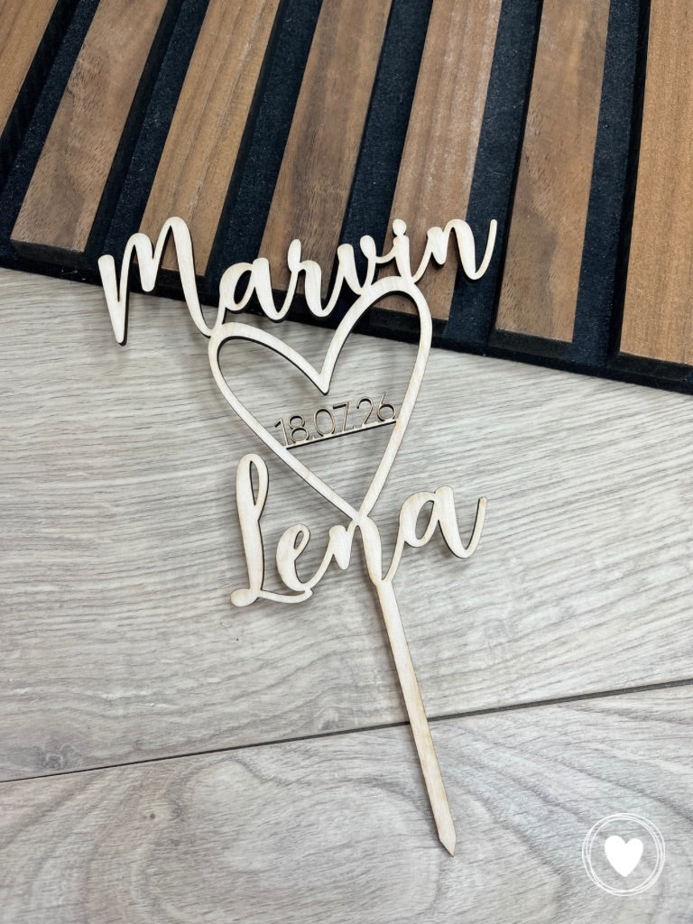 Hochzeits-Caketopper | Kuchentopper | Dekostecker "Name + Datum + Herz" personalisiert