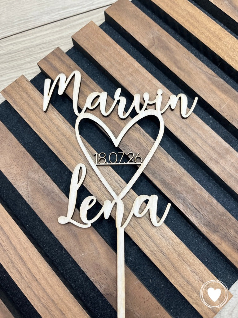 Hochzeits-Caketopper | Kuchentopper | Dekostecker "Name + Datum + Herz" personalisiert