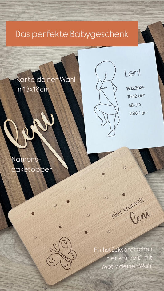 Geschenkset Geburt | Frühstücksbrettchen, Karte und Caketopper